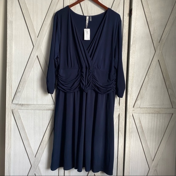 NWT NY Collection Navy Ruched A-Line Dress - Picture 3 of 8